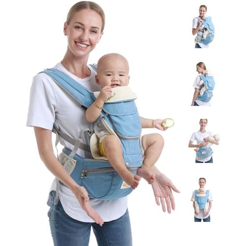Tiger&Kitty Baby Sling Carrier,6-in-1 Ergonomic Backpack Front Newborn to Toddler Wrap,Lightweight Adjustable Baby Seat Carrier,Light Blue