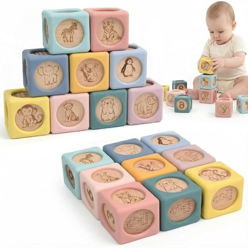 Little Rawr 9 Pcs Baby Silicone & Wooden Stacking Blocks, Food-Grade Silicone Baby Toy with Natural Wood Inserts, Soft Chewable Montessori Blocks for Toddlers, Animal Learning Toy