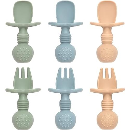 Baby Spoons and Forks Feeding Set, 6 Pack Silicone First Stage Self Feeding Toddler Utensils, BPA Free, Baby Led Weaning Supplies for Training Spoons