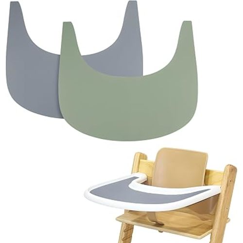 2 Pieces High Chair Placemat Silicone, Clean and Hygienic, Suitable for Tripp Trapp High Chair Tray (Grey/Green)