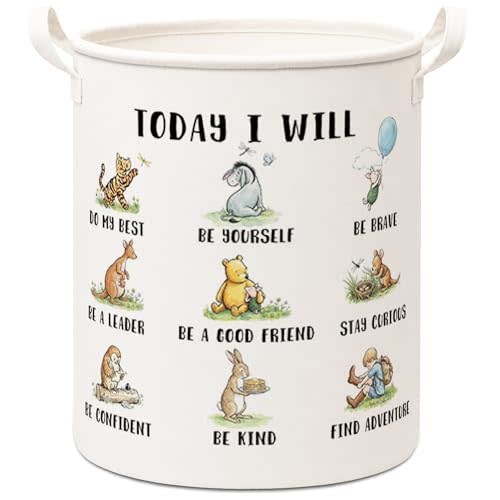 Cute Bear Round Foldable Canvas Storage Basket With Waterproof PE Coating, Inspiring Decor For Kids, Boys, Girls Room Clothes Storage, Bathroom And Bedroom, Laundry Room Accessories -A22