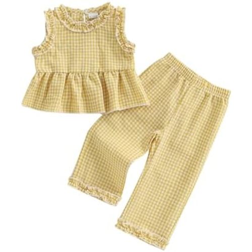GOOCHEER Toddler Girl Clothes Baby Summer Outfits Plaid Ruffle Sleeveless Vest Tank Tops Pants Set 12 18 24 Month 2T 3T 4T