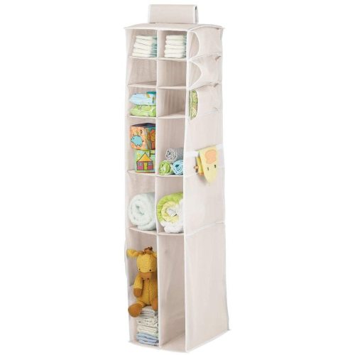 mDesign Long Soft Fabric Over Closet Rod Hanging Storage Organizer with 12 Divided Shelves, Side Pockets for Child/Kids Room or Nursery, Store Diapers, Wipes, Lotions, Toys - Cream/White - Grey