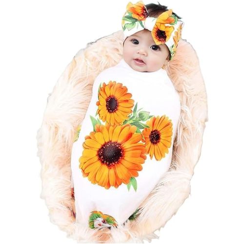 Galabloomer Newborn Receiving Blanket Headband Set Baby Flower Rose Swaddle with Big Bow (White Sunflower)