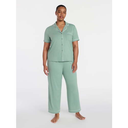 Joyspun Women's Dreamy Soft Collection Notch Knit Top and Capri Pants Pajama Set, 2-Piece, Sizes XS-3X