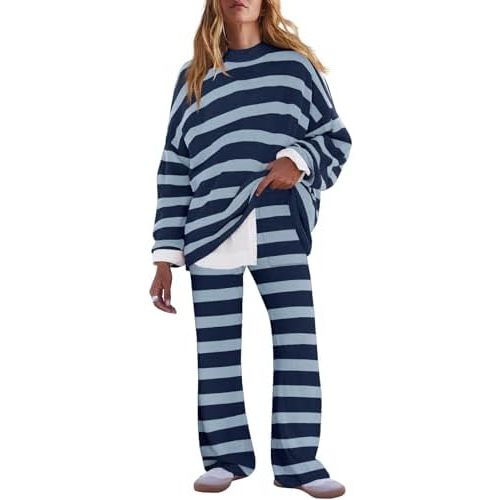 LAMISSCHE Oversized Womens Lounge Set Striped Sweater Set Long Sleeve 2 Piece Pajama Set Top and Pants with Pockets