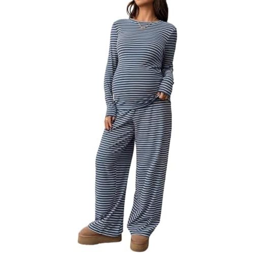 BLENCOT Maternity 2 Piece Outfits Striped Long Sleeve Pregnancy Set