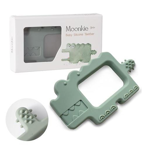 Moonkie Teething Toy, Safe & Easy to Hold BPA Free Silicone Baby Soothing Teethers, Prevent Finger Sucking Teether Toys Best for Babies 0-6 6-12 Months (Crocodile Sage)