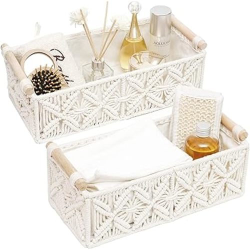 HOSROOME Macrame Storage Basket Boho Decor Baskets for Organizing Woven Decorative for Countertop Toilet Paper Basket for Tank Top for Home Decor Bedroom Nursery Livingroom Entryway (Set of 2)