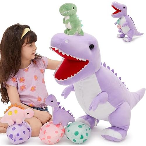 MorisMos Dinosaur Stuffed Animal with Babies,23.6'' Big Mommy Stuffed Dino T-rex with 3 Baby Dino Toys & Eggs Plush Inside Belly,Boy Girl Dinosaur Toys for Kids Birthday Gift,Purpel T-rex Party Decor