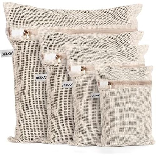 100% Cotton Mesh Laundry Bags, Premium Soft, No Dye, Set of 4, Natural