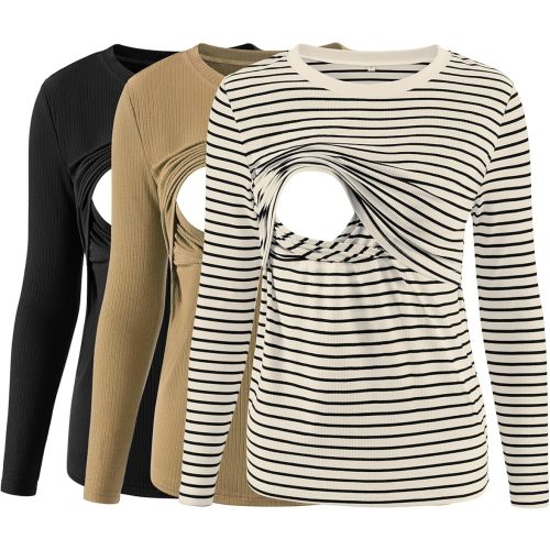 Liu & Qu Women's Nursing Tops Ribbed Long Sleeves Maternity Shirts Double Layer Breastfeeding Shirts Pregnancy Clothes 3 Pack