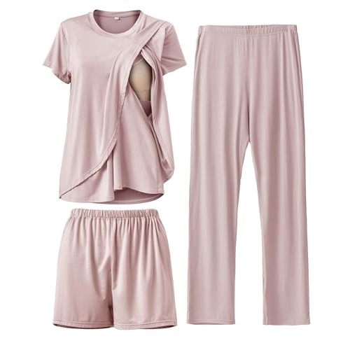 Rnxrbb 3 Piece Postpartum Nursing Pajamas Set Maternity Breastfeeding Pjs | Easy Side-Access Breastfeeding Sleepwear Lounge Clothes,Adjustable High-Waist Pants&Shorts for Pregnancy and Postpartum