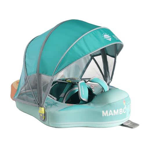 Mambobaby No-Flip Baby Pool Float with Canopy & Tail Non-Inflatable Swim Float for Infants, Pearl-Foam, UPF 50+ & Adjustable Safety Five-Way Harness, Skin-Friendly for Boys Girls 3-24 Months