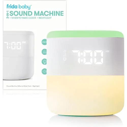 Frida Baby Máquina de sonido 3 en 1 + reloj cuándo despertar + luz nocturna | Calmante de ruido blanco, entrenador de sueño, reloj despertador, guardería + dormitorio de niños pequeños (Bluetooth)