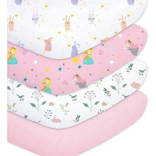 Little Grape Land Crib Sheets Baby Toddler Sheets 4 Pack Fitted for Boys Girls, Standard Size 28x52‘’ Crib Mattress, Super Soft Breathable Washable Microfiber (Rabbit/Fairy/Bunny/Pink)