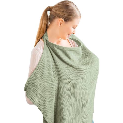 Konssy Muslin Nursing Cover for Baby Breastfeeding, Breathable 100% Cotton Breastfeeding Cover with Rigid Hoop for Mother Nursing Apron, Multi-use Carseat Canopy (Sage)