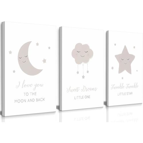 Framed Nursery Wall Art Beige Boho Moon Stars Cloud Canvas Wall Decor Neutral Nordic Baby Gentle and Sweet Cartoon Pictures Prints Posters for Boys Girls Bedroom Kids Room Ready To Hang 16x24inx3