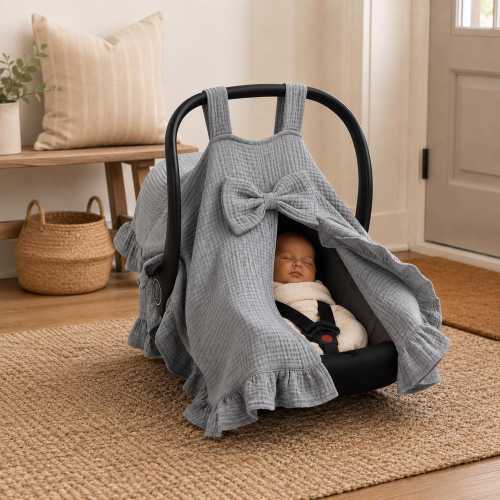 Muslin Car Seat Gray Baby Canopy, Ruffle Baby Cover with Bow, Infant Carrier Infant Cover, Neutral Baby Shower Gift, Newborn Gift