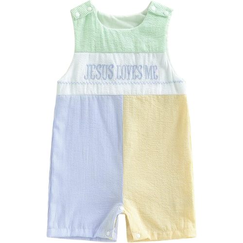 KMBANGI Baby Boy Girl Jesus Loves Me Overall Romper Newborn Christian Outfit Sleeveless Seersucker Bodysuit Baptism Clothes