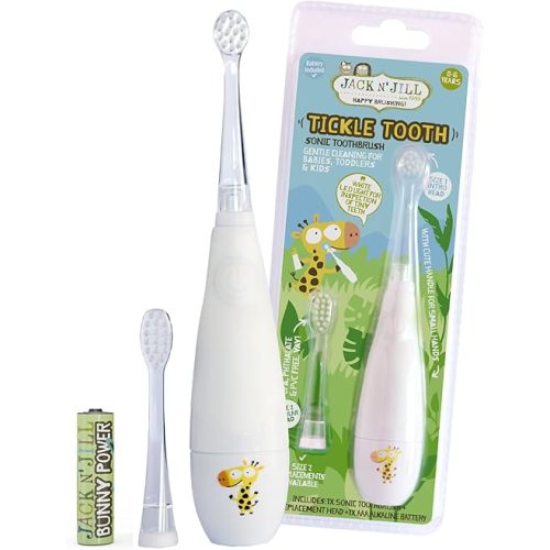 Jack N' Jill Tickle Tooth Sonic Electric Toothbrush with Replacement Head - Gentle Cleaning, Made for Tiny Teeth, LED Inspection Light, for Babies & Kids, Extra Soft Bristles - (1 Pack)