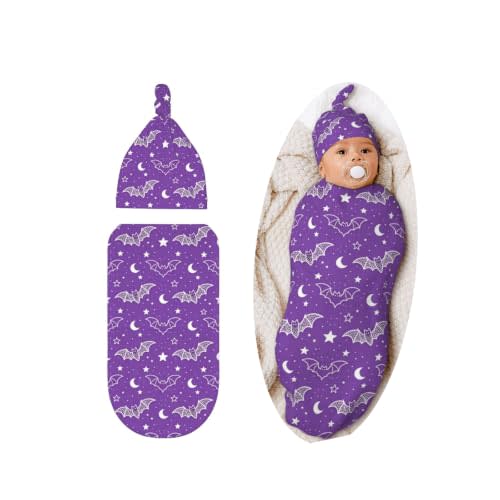 Lcokin Halloween Gothic Swaddle Blanket Hat Set for Boys Girls, Goth Baby Stuff Newborn Receiving Blanket