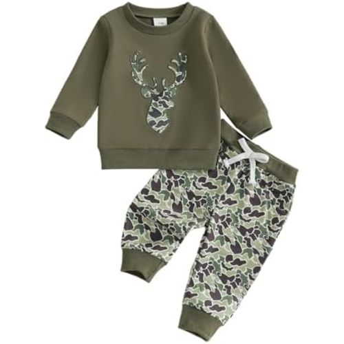Toddler Baby Boy Fall Clothes Camo Outfit Animal Embroidery Long Sleeve Sweatshirt Camouflage Pant Set