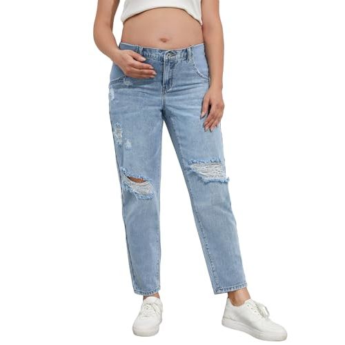 BEAUDRM Women's Maternity Casual High Waist Zipper Ripped Jeans Pants Trousers Mom Fit Denim Pants Light Wash A X-Large