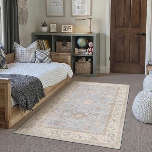 4x6 Area Rug Blue Vintage Netural Washable Living Room Carpet