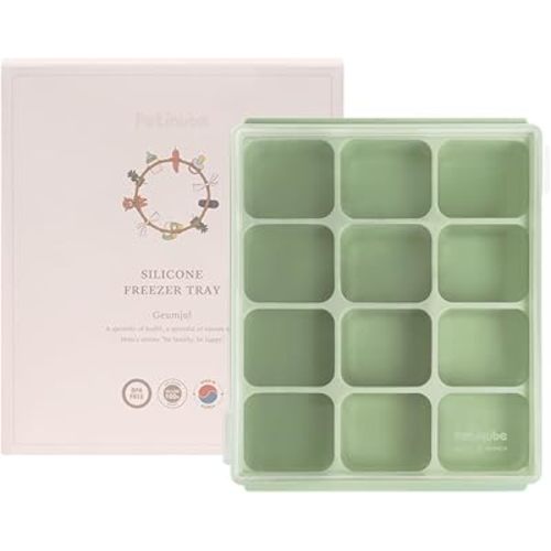 Silicone Freezer Tray, Baby Food Storage Cubes with Clip-On Lid, Freeze Baby Food, Soups, Purees, Ice, Easy and Safe Design, Made in Korea (12, Celadon Green)
