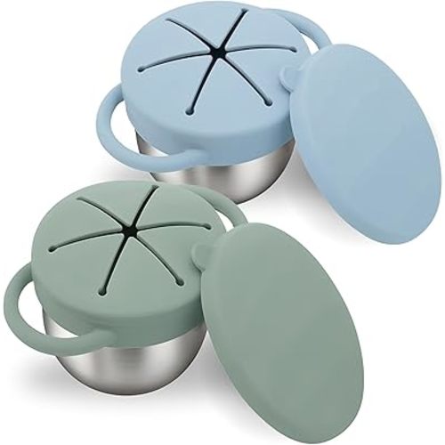Baby Bliss 2 Pack Toddler Snack Container, Canadian Mom Owned, Stainless Steel & Silicone Baby Snack Cup, Snack Cups Toddler No Spill, Toddler Travel Essentials, Snack Containers for Kids