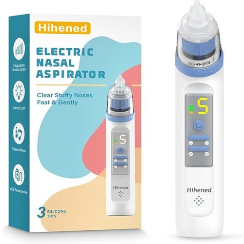 Electric Nasal Aspirator for Baby, Nose Aspirator for Toddlers, Rechargeable Baby Nose Sucker, Nose Cleaner with 3 Silicone Tips, 5 Suction Levels, Music and Light Soothing Function，Blue