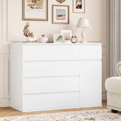 Homfa 5 Drawer White Dresser with Door, Modern Accent Storage Cabinet Chests of Drawers for Bedroom Living Room