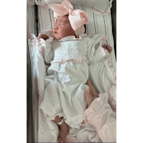 White with Baby Pink Ruffle Personalized Baby Coming Home Set – Caprilina