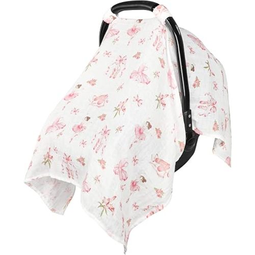 Muslin Car Seat Cover Baby, Breathable Baby Carseat Cover for Girls, Lightweight Infant Car Seat Cover, Universal Stroller Cover for Sunshade, Babies Essentials for Outdoor in Summer, Pink Bow Ballet