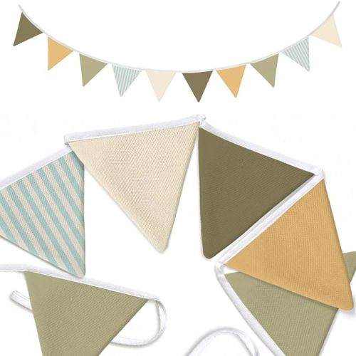 Neutral Nursery Classroom Decor Banner Sage Green Garland Flags | Boho Mustard Fabric Triangle Bunting Flags for Baby Shower Birthday Party Classroom Playroom Kids Room Decorations, 5.5 Ft