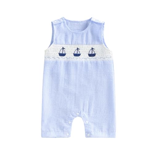 Newborn Baby Boys Sleeveless Seersucker Romper One Piece Straps Overalls Striped Jumpsuit Summer Smocked Clothes