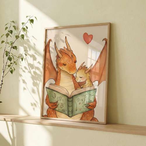 Baby Dragon Cuddling During Storytime Wall Art, whimsical nursery decor, dragon family illustration, kids room art, book nook print