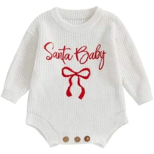 Newborn Baby Girl Christmas Sweater Santa Baby Bow Embroidery Knit Romper Jumpsuit Bodysuit Fall Winter Clothes