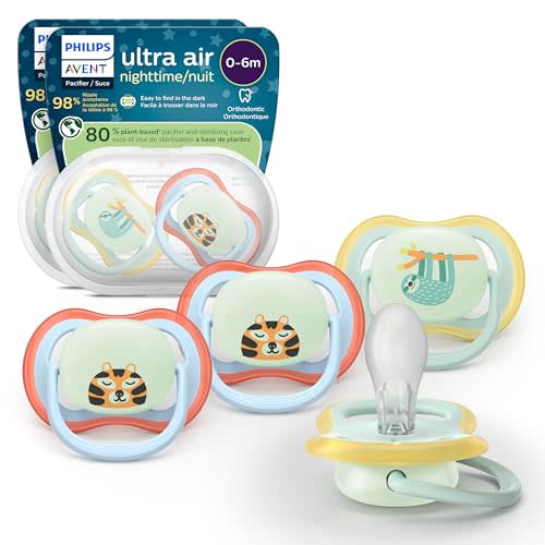 Philips Avent Ultra Air Nighttime Pacifiers - Orthodontic Design, for Babies 0-6 Months, Glow in The Dark, Soft Silicone Symmetrical Nipple, BPA-Free, 2 Sterilizing Cases, 4 Pack, SCF376/35
