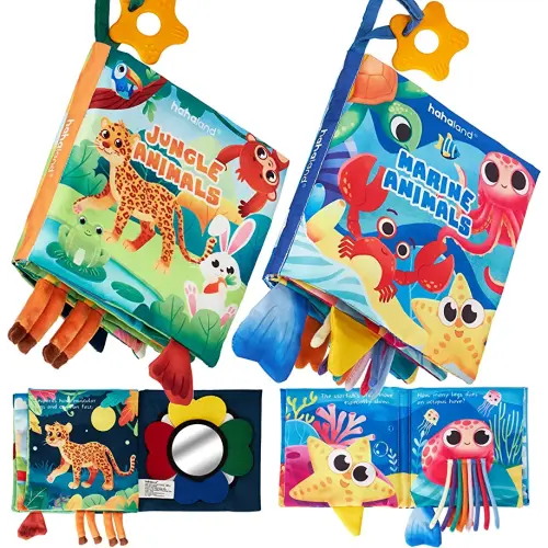 hahaland Baby Books 0-6 Months - 2 PCS Sensory Montessori Toys for Babies 0-6 Months with Crinkle Squeaky Sounds, Mirrors, Teethers - Soft Cloth Tummy Time Book Newborn Infant Toys