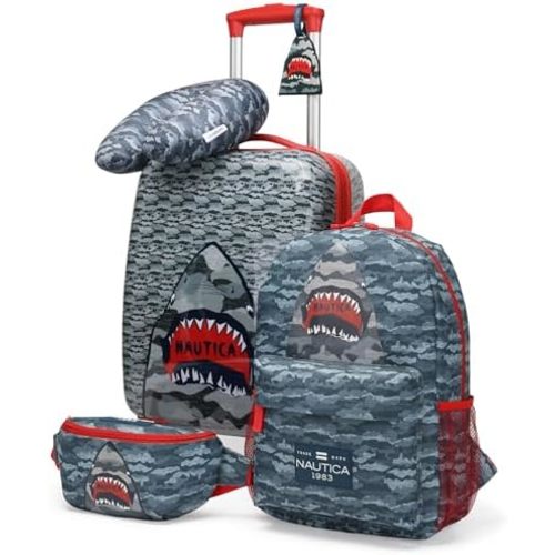 Nautica Kids Luggage - 18" Airline Approved Rolling Hardside Upright Carry-on Suitcase Set with Wheels (Shark Attack | 5pc Travel Set)