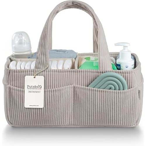 PUTSKA Baby Diaper Caddy Organizer for Changing Table – Stylish Nursery Storage Basket, Newborn Essentials, Baby Shower Gifts and Registry Must-Haves for Boy or Girl, Car Diaper Caddy, Corduroy Grey