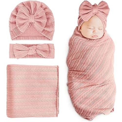 DRESHOW BQUBO Newborn Receiving Blanket Toddler Warm for Girls with Bow Hat and Bow Headband Shower Gift