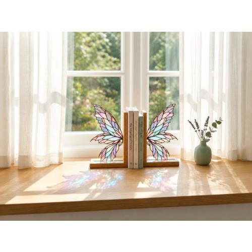 Wing Glass Bookends, Iridescent Glass Book Holder, Reading Nook Decor, Bookshelf Accent, Gift for Book Lovers, Home Library Decor