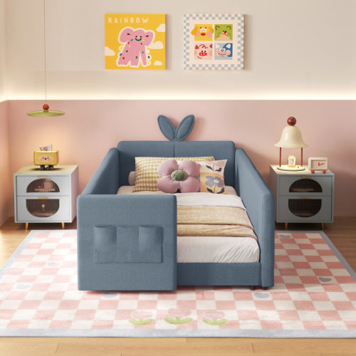 Zoomie Kids Upholstered Platform Bed With Cute Rabbit Ear Shaped Headboard, Safety Rail, And Convenient Storage Pocket, Boucle Fabric – Perfect For Kids' Bedroom & Reviews | Wayfair