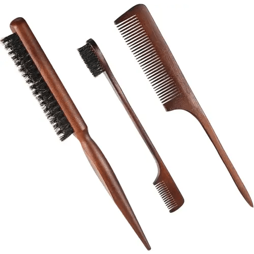 Geiserailie 3 Pcs Wood Bristle Hair Brush Slick Back Hair Brush Set Brown Edge Teasing Comb for Women Black Home Travel