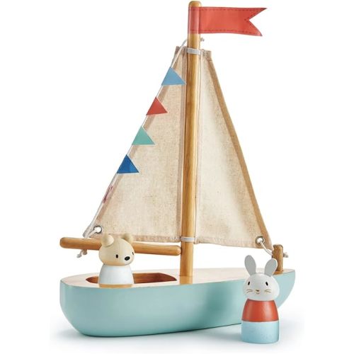 Tender Leaf Toys - Sailaway Boat - Educational Wooden Sailing Boat Play Set with 2 Animal Figures for Kids, Promotes Imaginative Play and Fine Motor Skills, Ship Toy Set for Boys and Girls - Age 3+