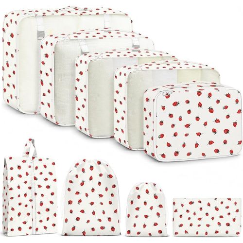 9 Set Packing Cubes for Travel Essentials - Lightweight Carry-On Luggage Organizer Bags with Shoe, Clothes & Laundry Bags for Airplane, Family & Business Travel, Beige strawberry