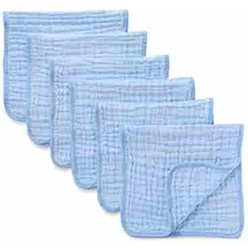 Muslin Burp Cloths 6 Pack Large 100% Cotton Hand Washcloths 6 Layers Extra Absorbent and Soft (Blue, Pack of 6)